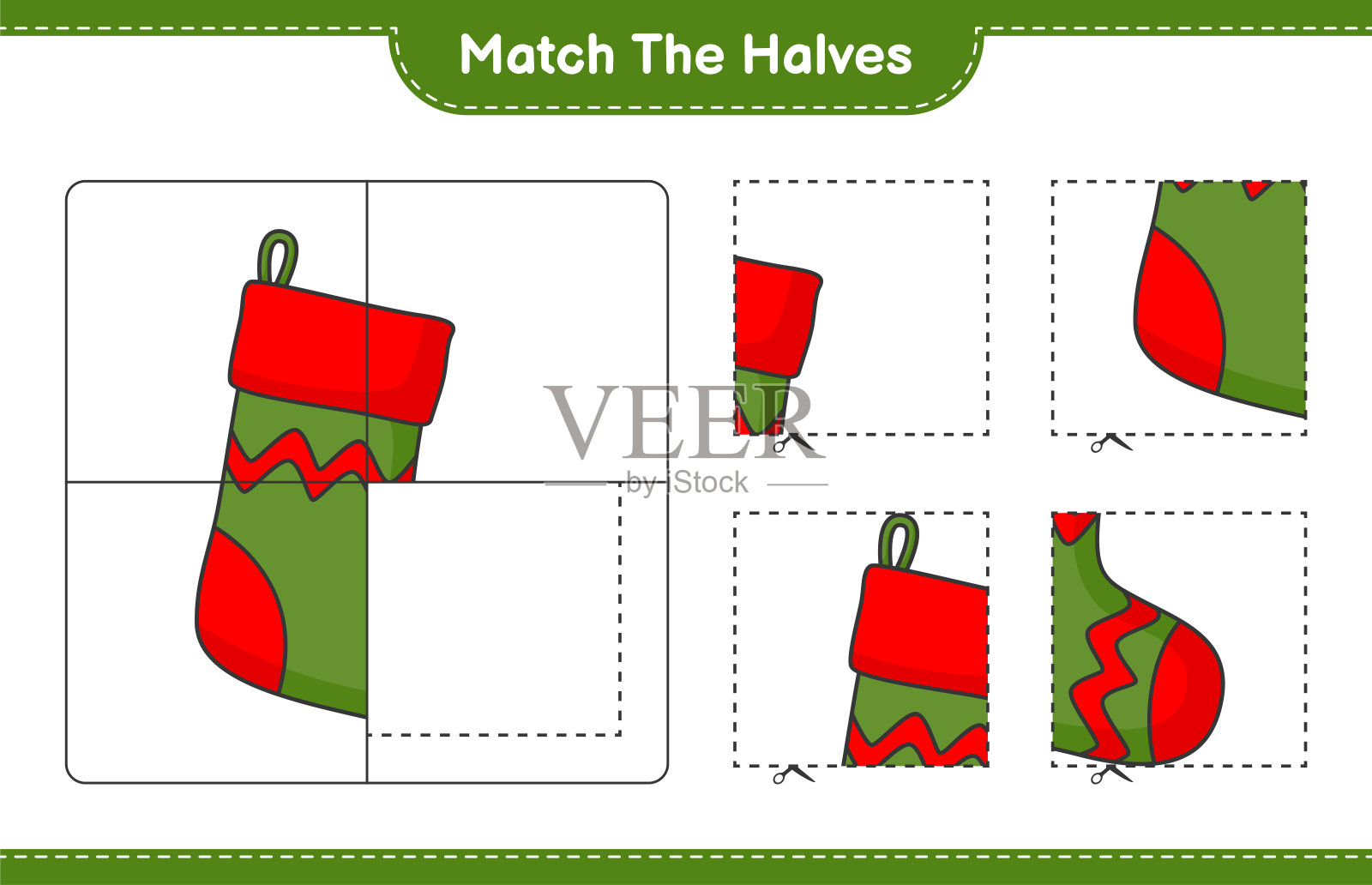 匹配的部分。将圣诞袜的两半配对。教育儿童游戏，可打印的工作表，矢量插图插画图片素材