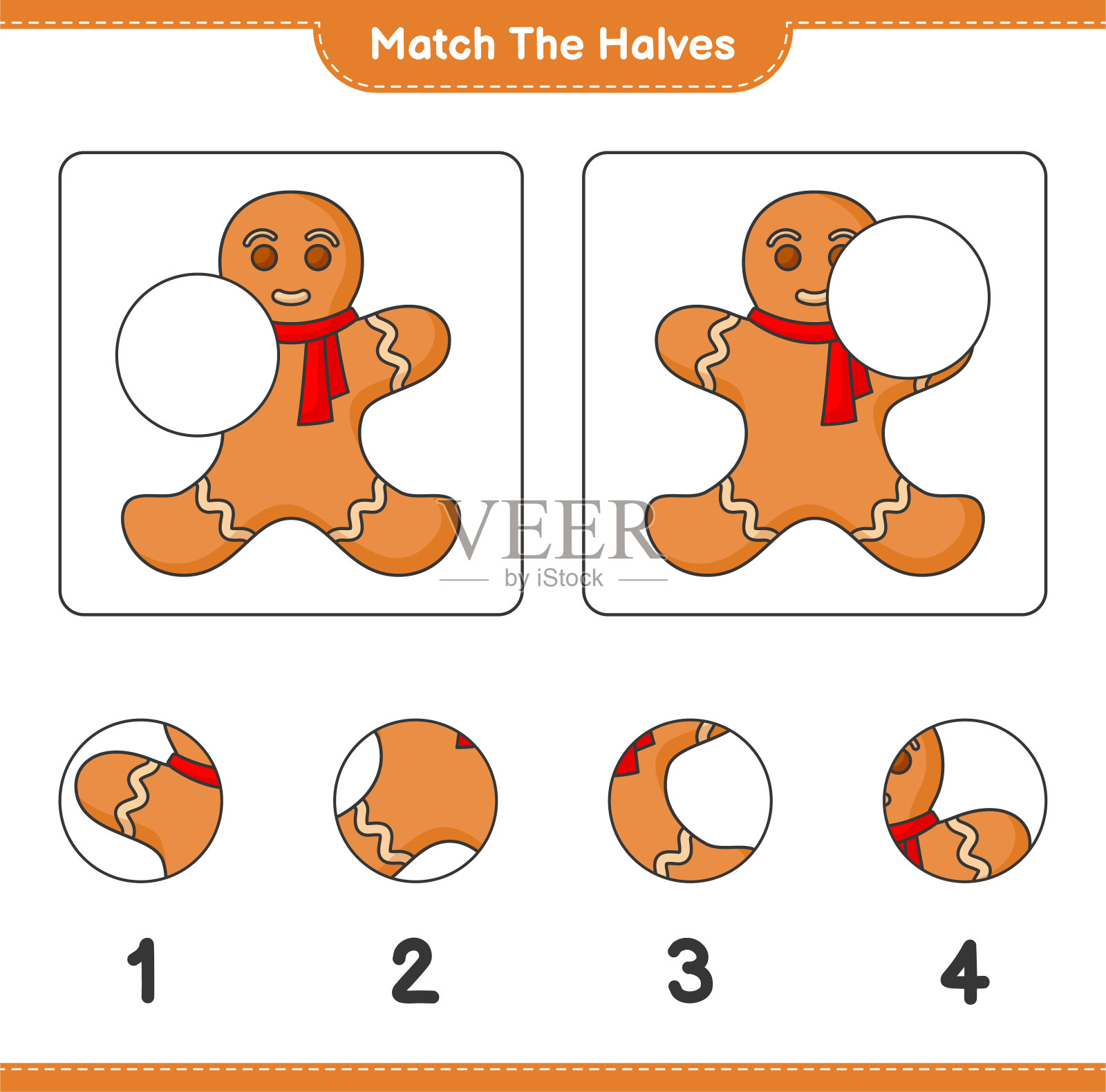 匹配的部分。把姜饼人配成两半。教育儿童游戏，可打印的工作表，矢量插图插画图片素材