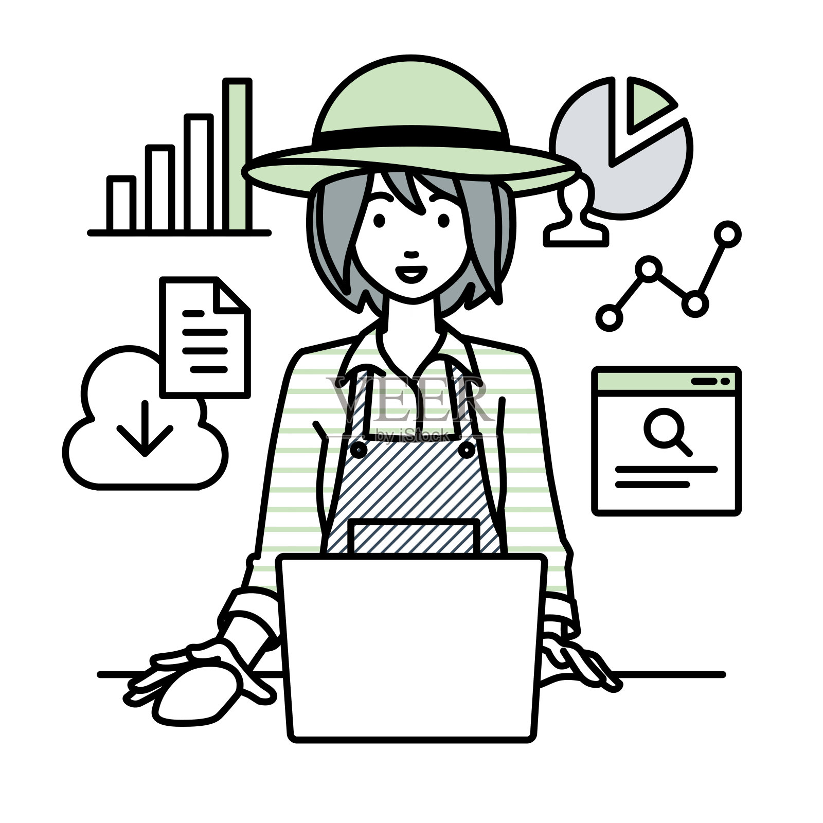 一名护士在她的办公桌上使用笔记本电脑浏览网站、研究、共享云文件、分析和做报告插画图片素材