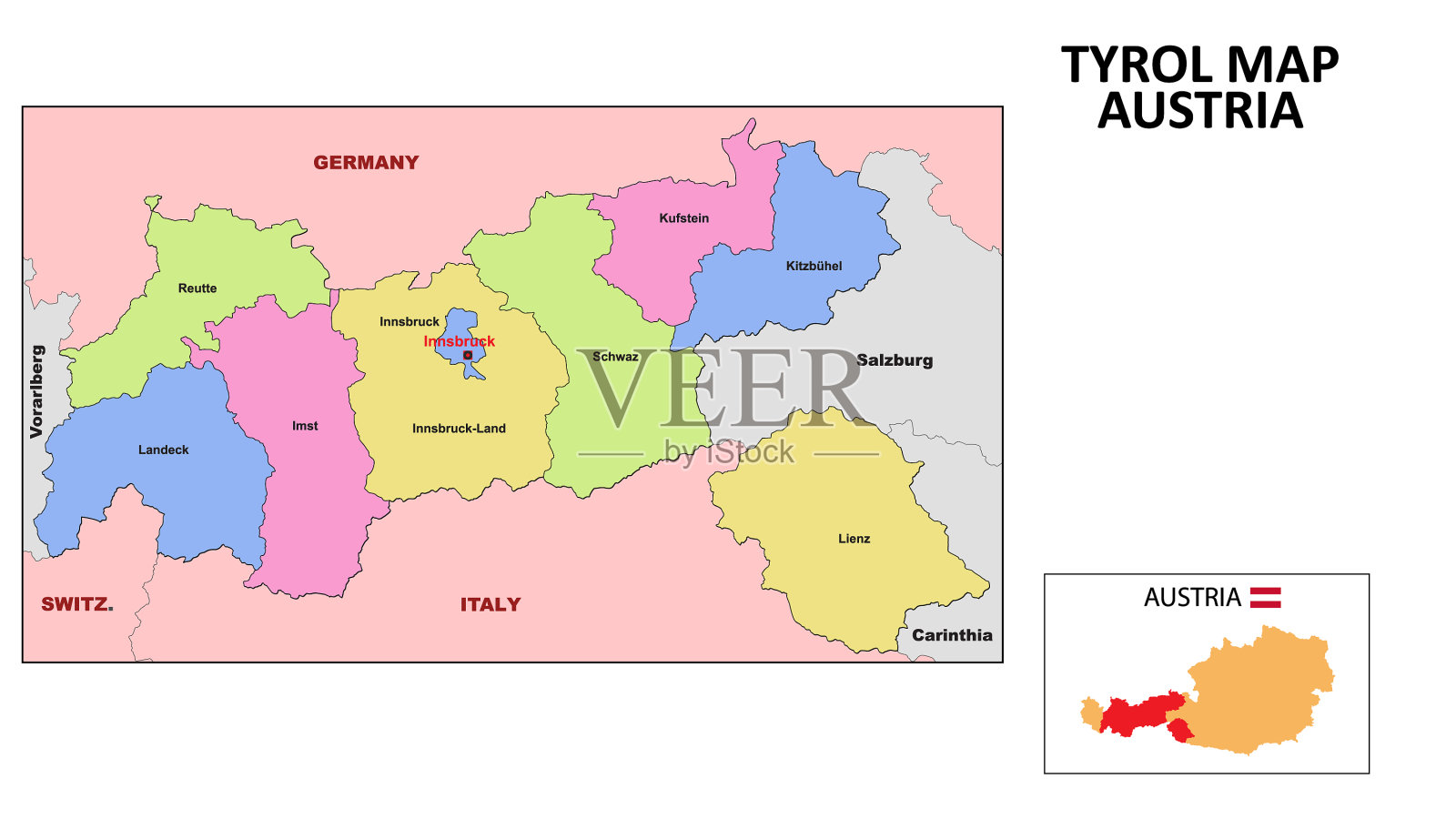 蒂罗尔地图蒂罗尔州和地区地图插画图片素材