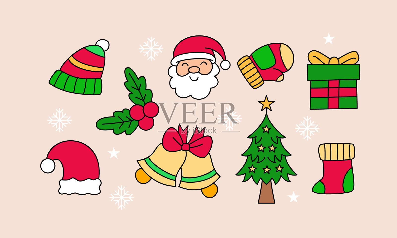 一套圣诞相关的对象涂鸦插画图片素材