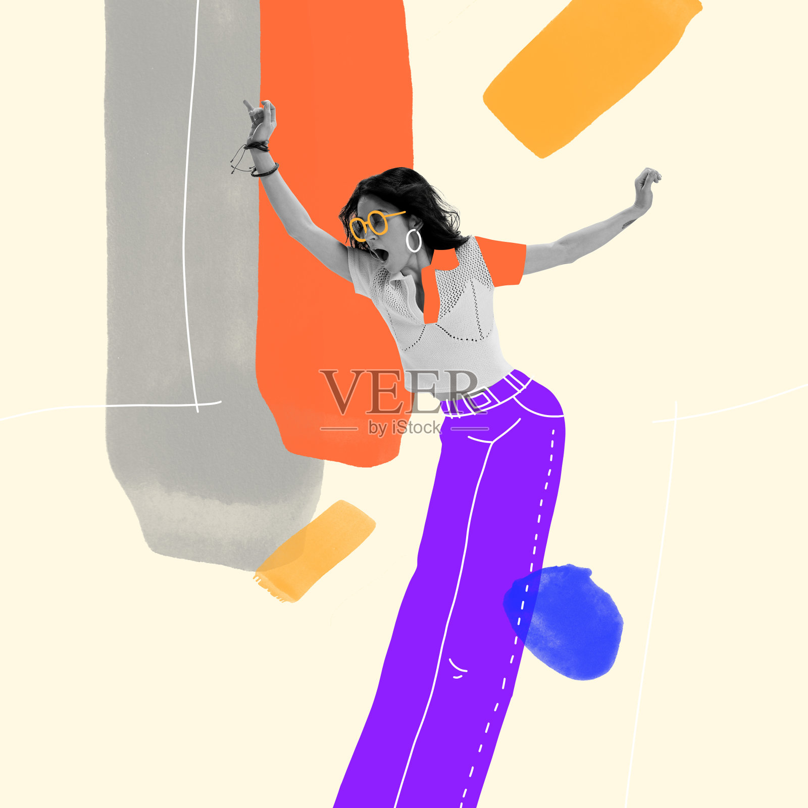 当代艺术拼贴。时髦的年轻女子跳舞，摆姿势。画衣服和配饰插画图片素材