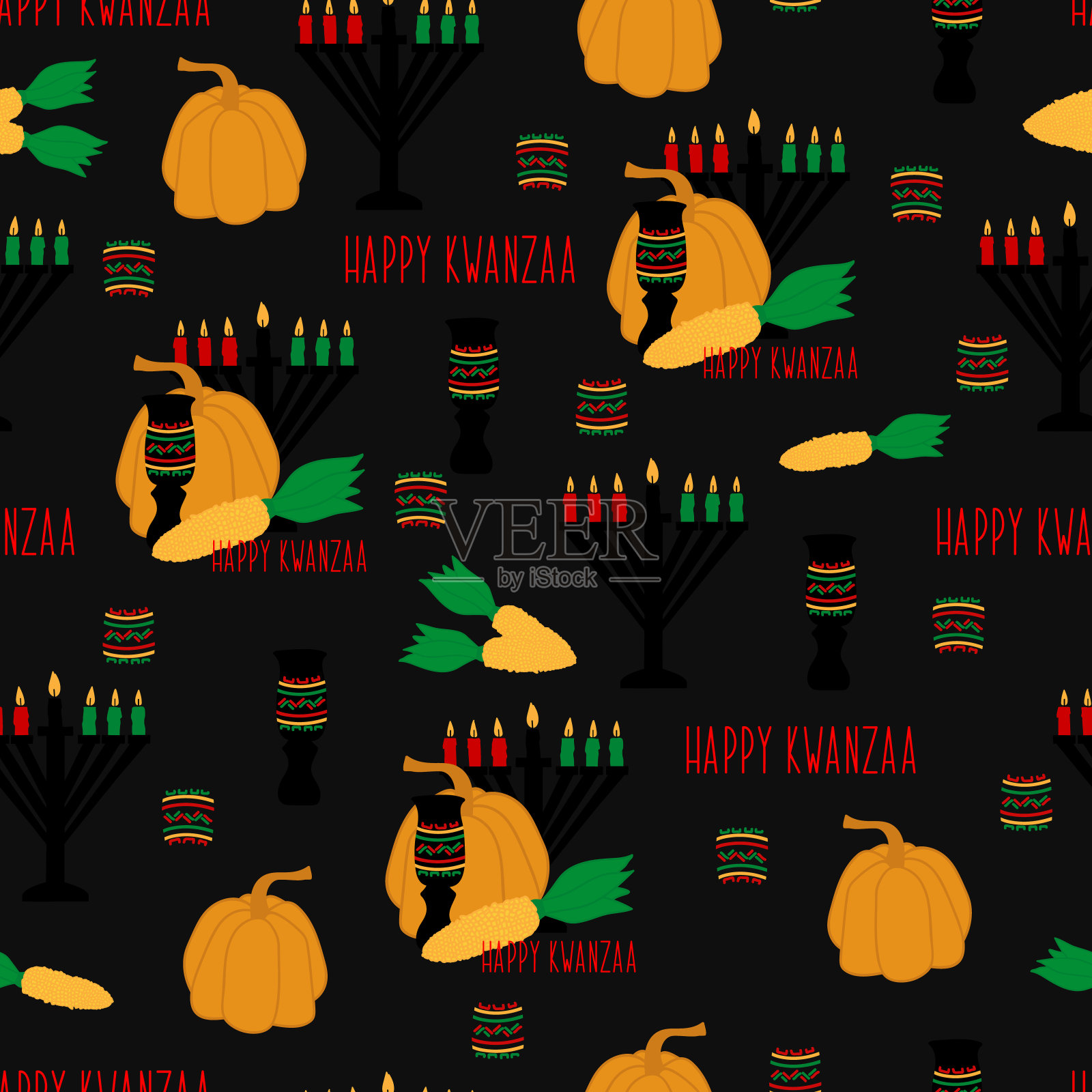 宽扎节快乐。无缝模式与kinaras。传统的宽扎节的象征。印刷纺织品，墙纸，封面，表面。复古的格式化。时装面料。部落模式设计模板素材