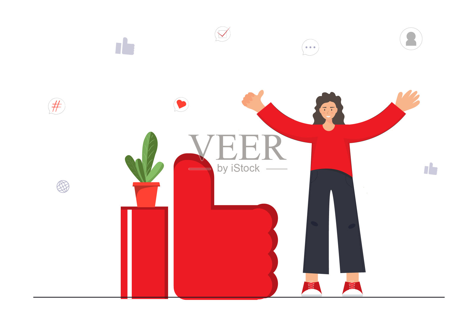 快乐的女人手里拿着牌子似的，坐着笔记本电脑似的，在社交网络上留言，在messenger上聊天，在博客上评论，平矢量插画插画图片素材