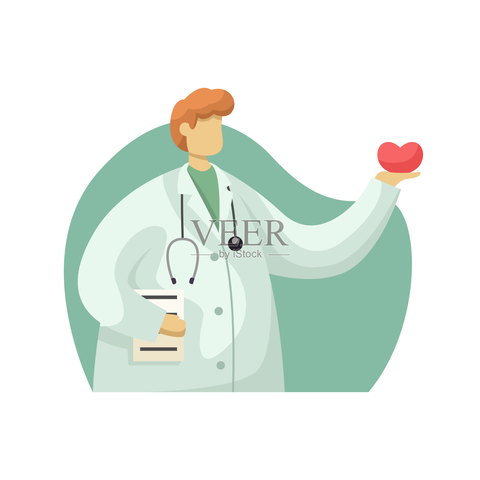 矢量插图的心脏病专家在白色的外套，与心脏在他的手。的职业。平的风格插画图片素材