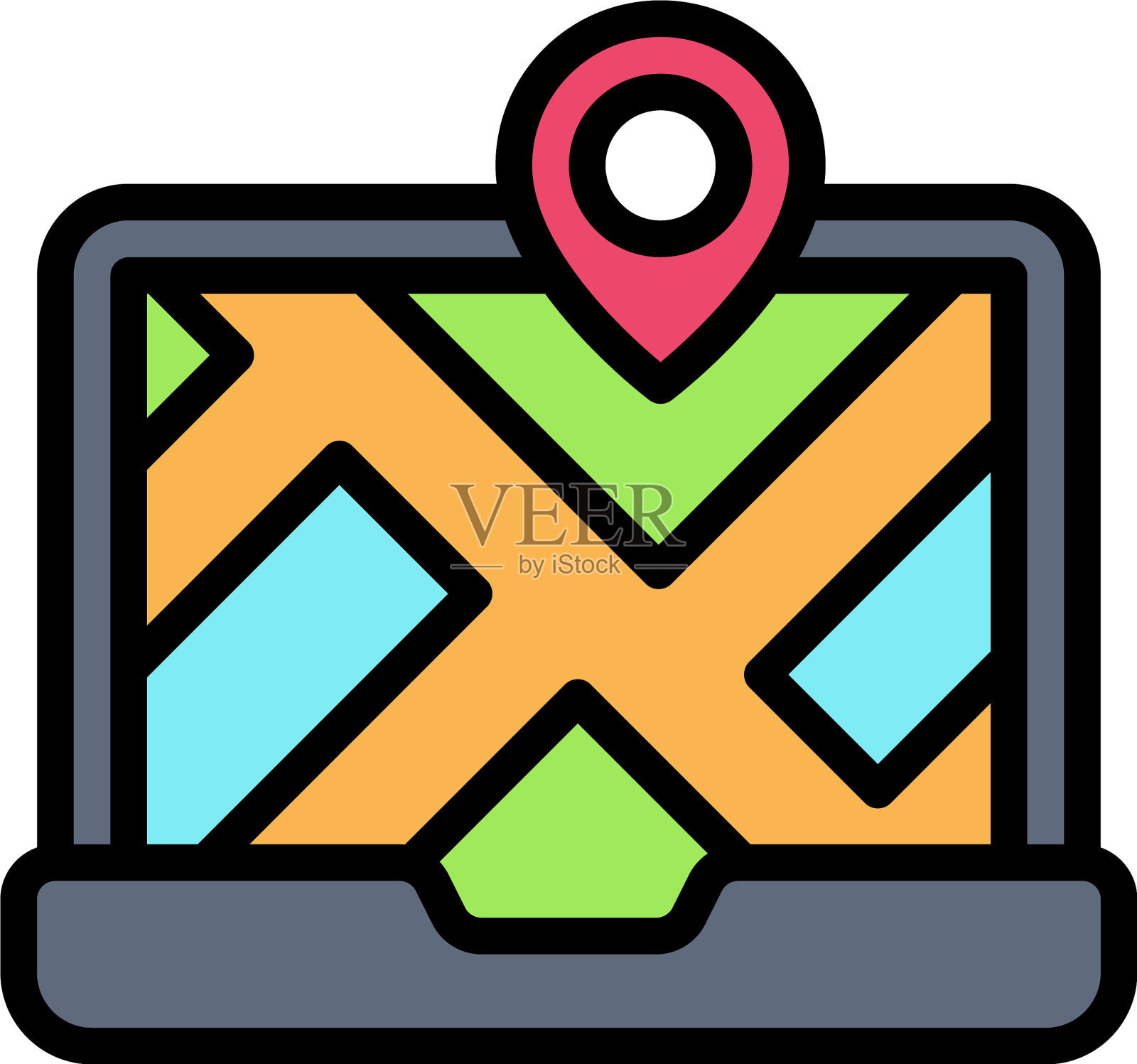 地图上的笔记本电脑屏幕图标位置地图和图标素材