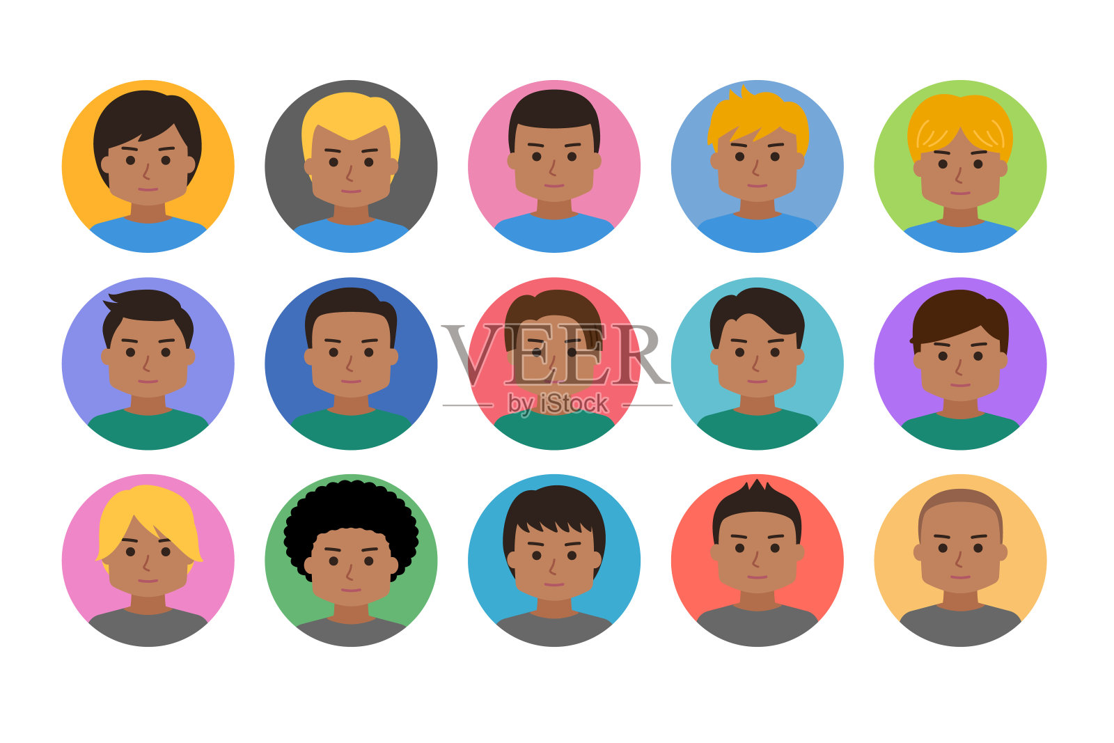 一组男人卡通面孔。矢量插图被隔离在透明背景上。插画图片素材