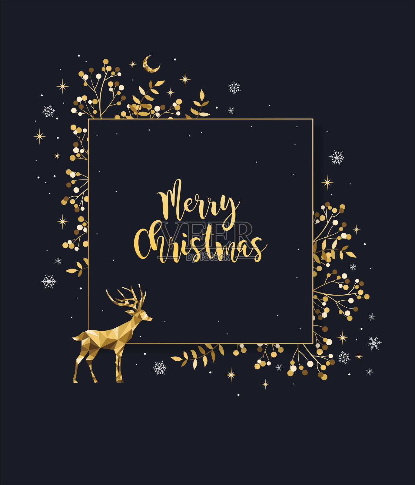 优雅的圣诞框架与金鹿和草药。设计模板素材