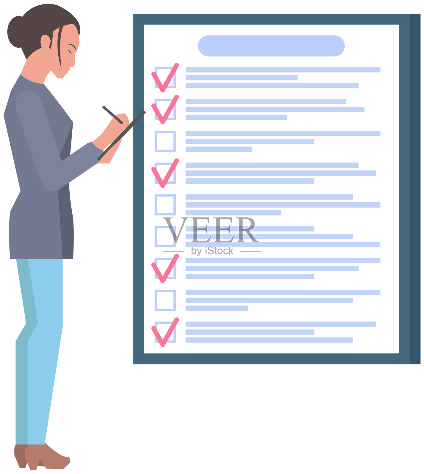 妇女站在做清单和计划时间表。计划完成，任务完成，时间表插画图片素材