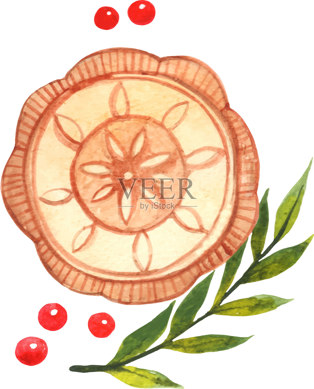 有蔓越莓和蕨叶的月饼插画图片素材