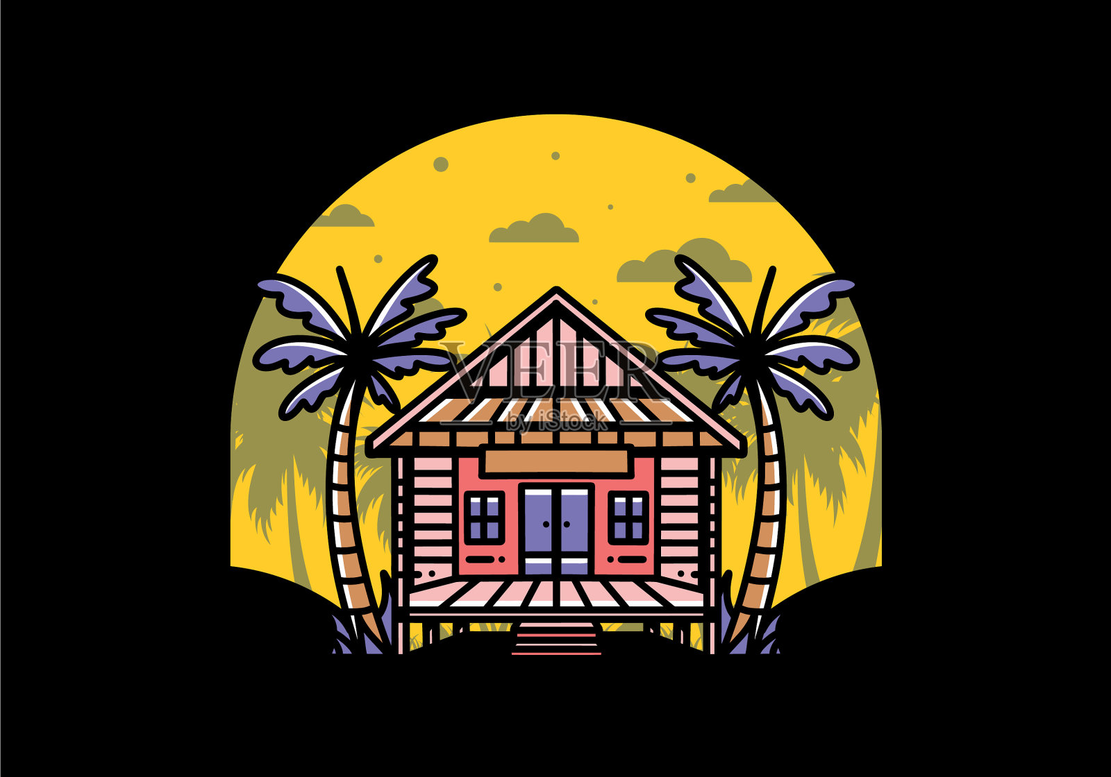 海滩上的木屋徽章设计插画图片素材