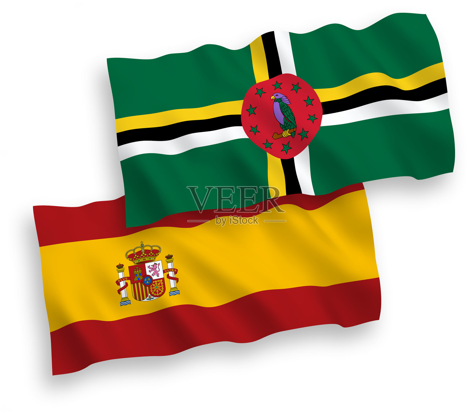 白色背景上的多米尼加和西班牙国旗设计元素图片