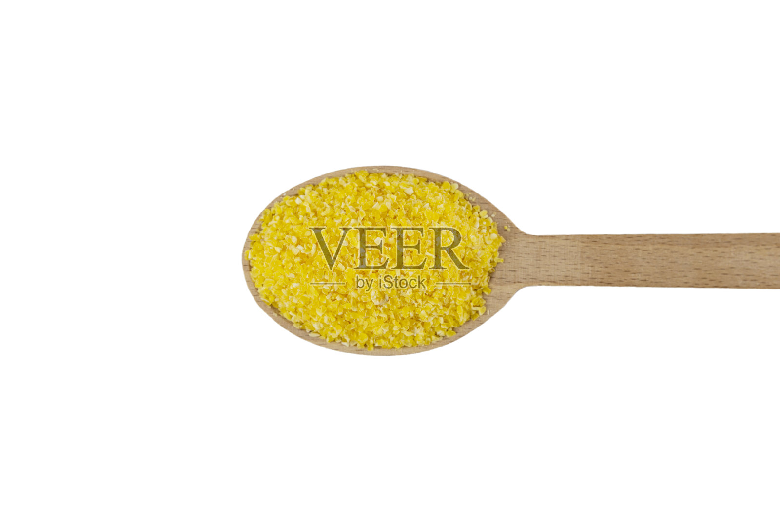白色背景的木勺上玉米粉。营养。食品成分。照片摄影图片