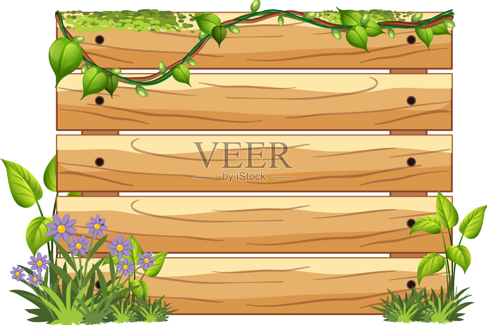 木质模板与自然树叶插画图片素材