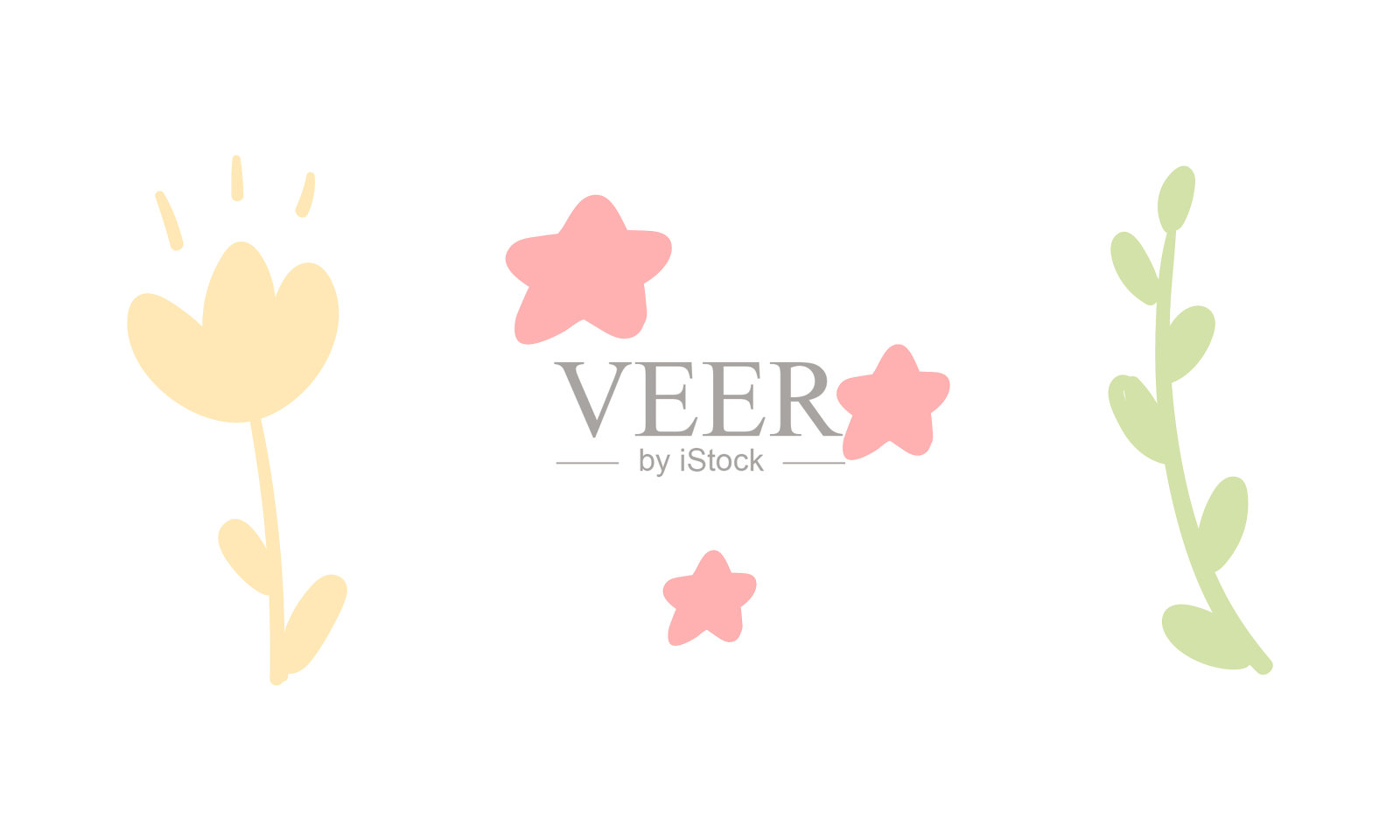 可爱的花粉红色的星星和小树枝作为涂鸦图形插画图片素材