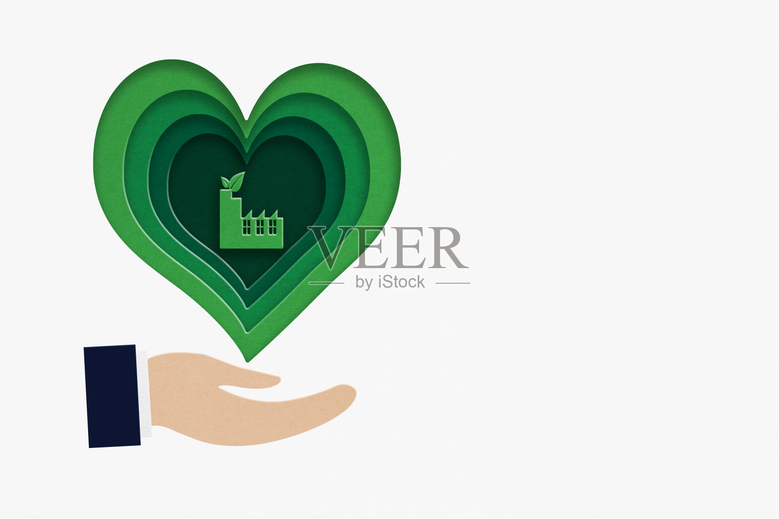 绿色产业经营理念。零排放。可再生能源，生态解决方案，绿色工厂内心剪纸，3D插画，超过商人的手包括复制空间插画图片素材