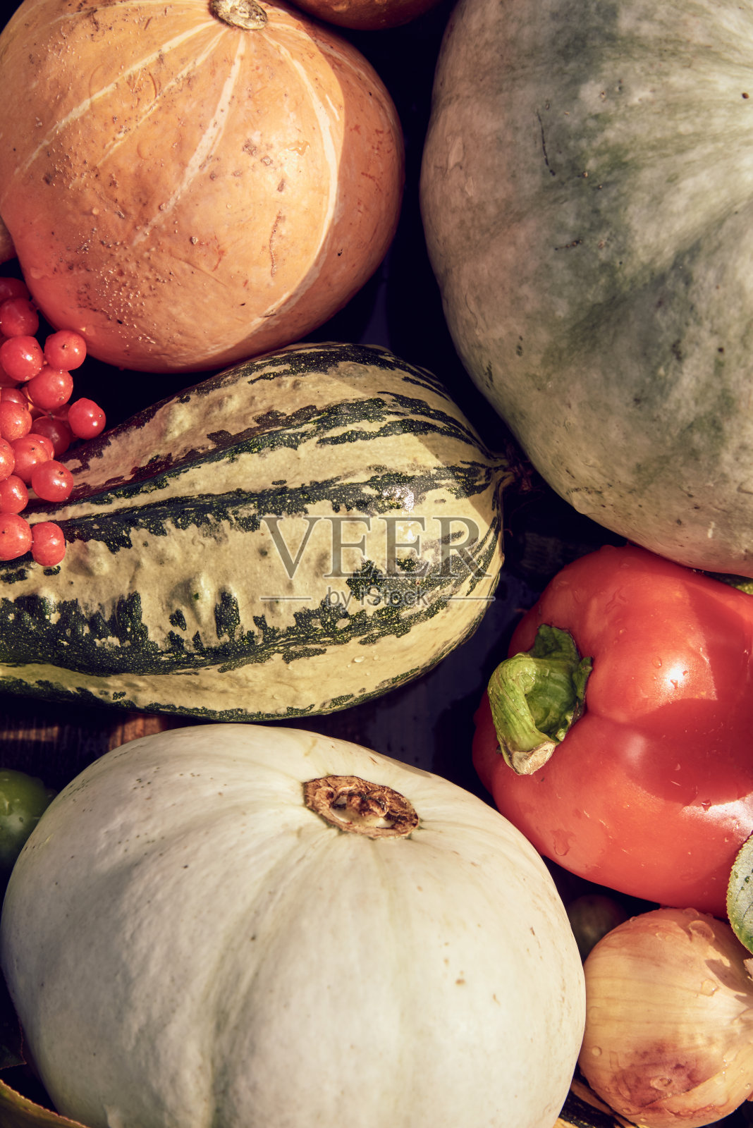 成熟的秋季蔬菜和浆果被摆放在桌子上。照片摄影图片