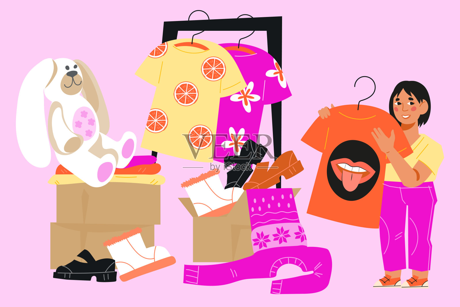 儿童捐赠旧衣服，鞋子和玩具，平面矢量插图孤立的背景。插画图片素材