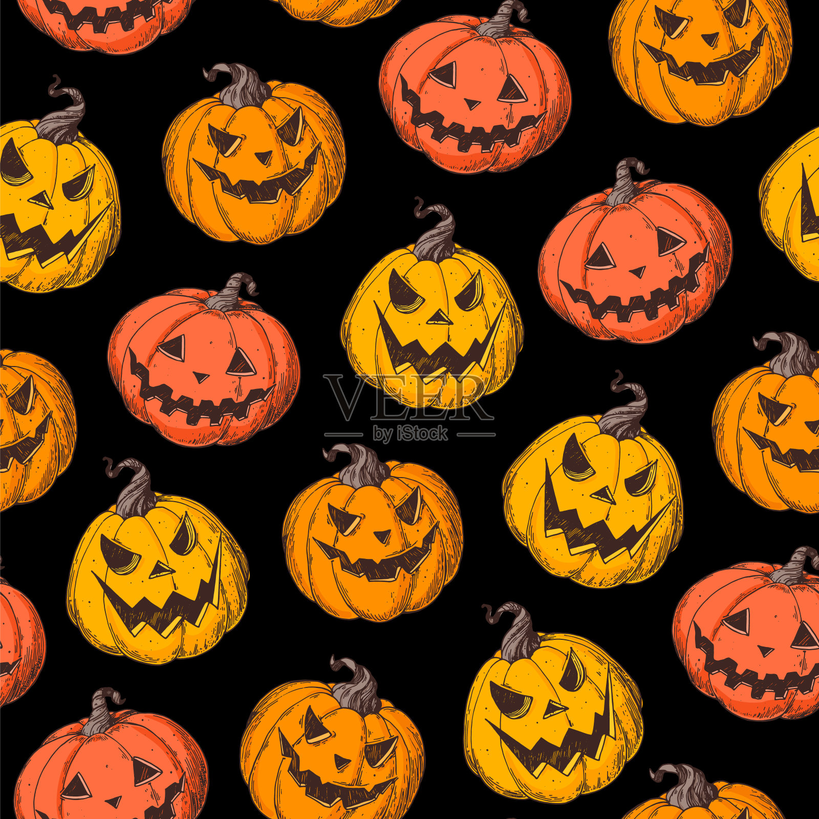 万圣节南瓜无缝图案。手绘矢量插图。杰克灯。万圣节的复古设计。设计模板。插画图片素材