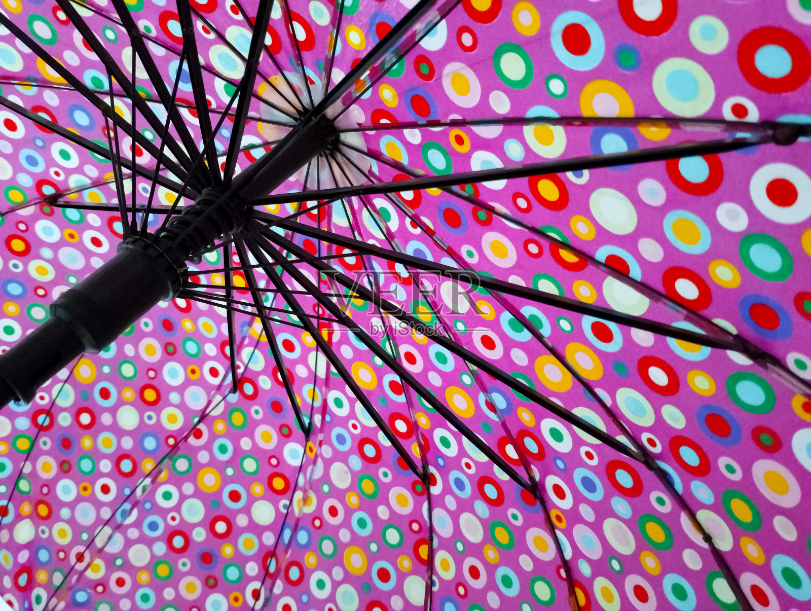 有彩色圆点图案的雨伞内侧照片摄影图片