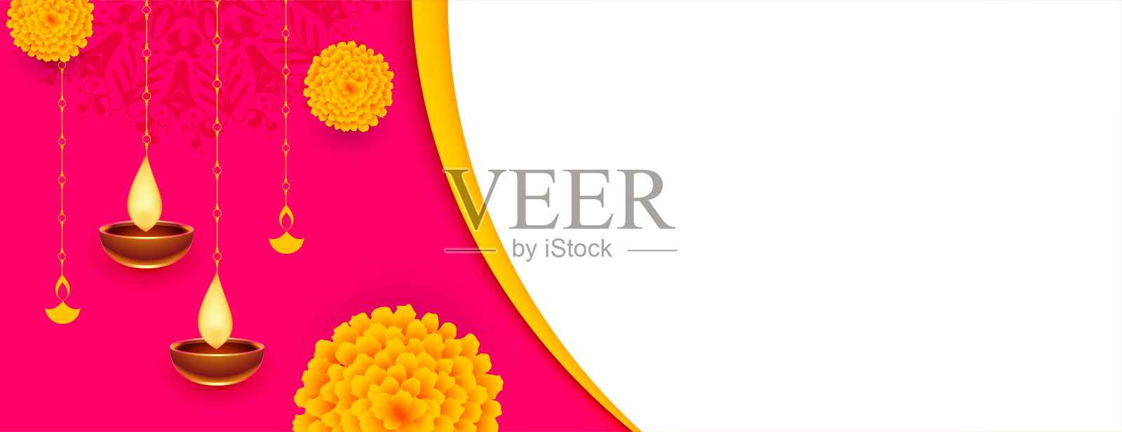 排灯节快乐现代旗帜与diya，花卉设计和文字空间插画图片素材