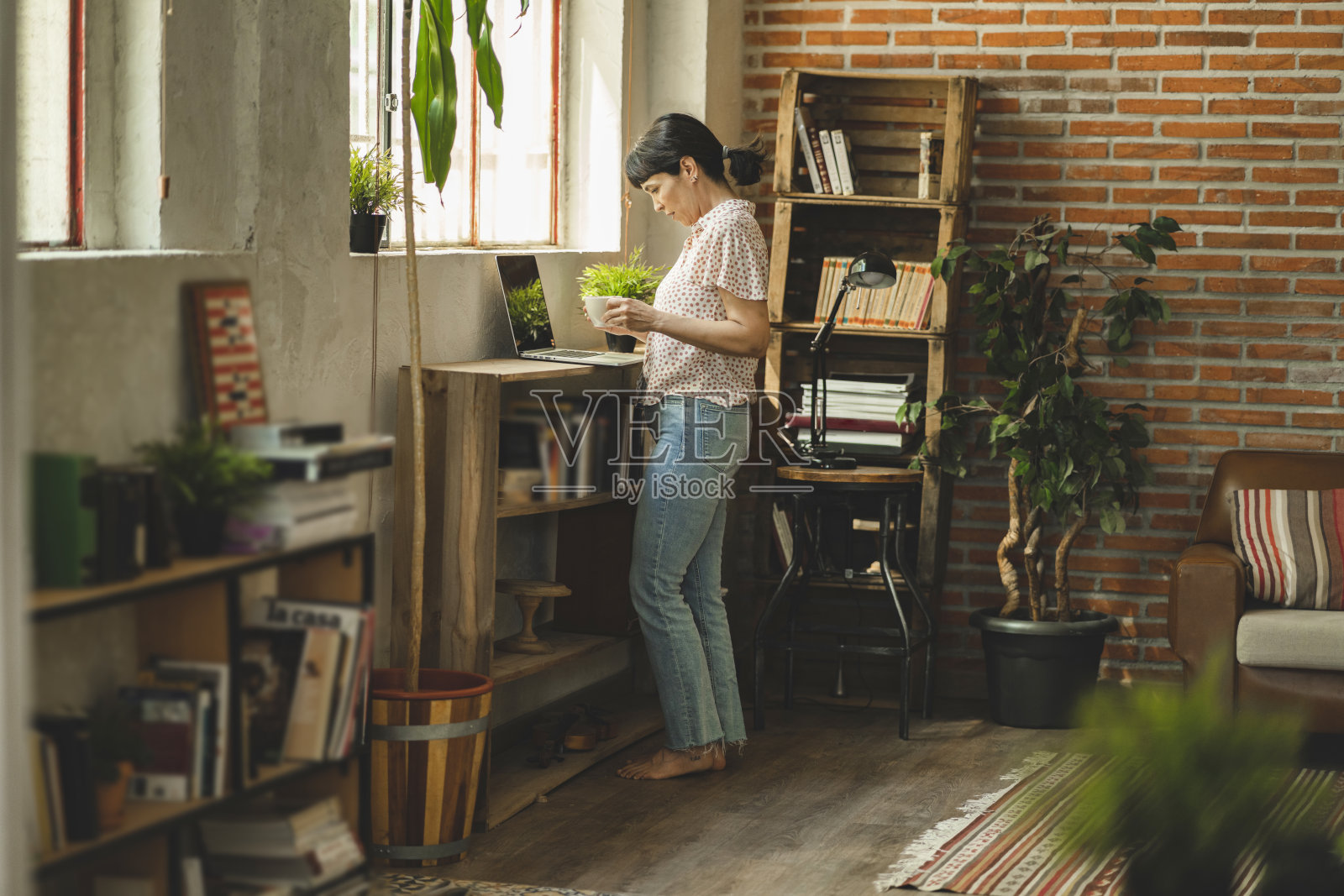 上了年纪的白种女人，成熟，微笑，自信，在家里工作，有笔记本电脑，漂亮的砖墙阁楼公寓照片摄影图片