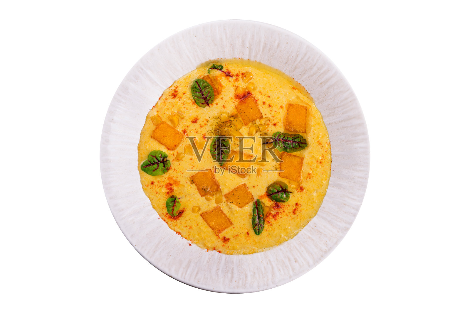 美味的奶油玉米汤孤立在白色照片摄影图片