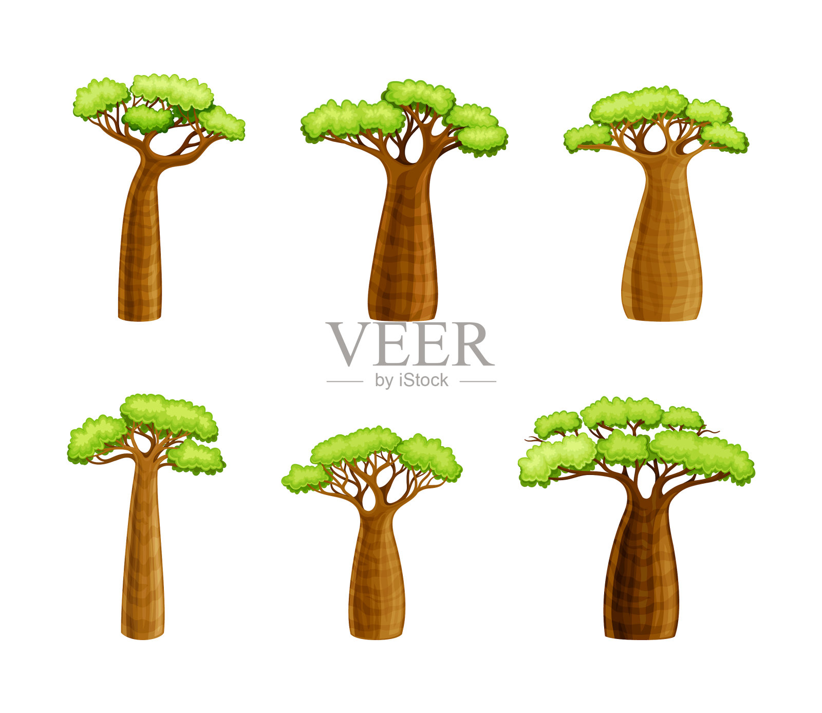 非洲猴面包树，树干宽，绿色插画图片素材