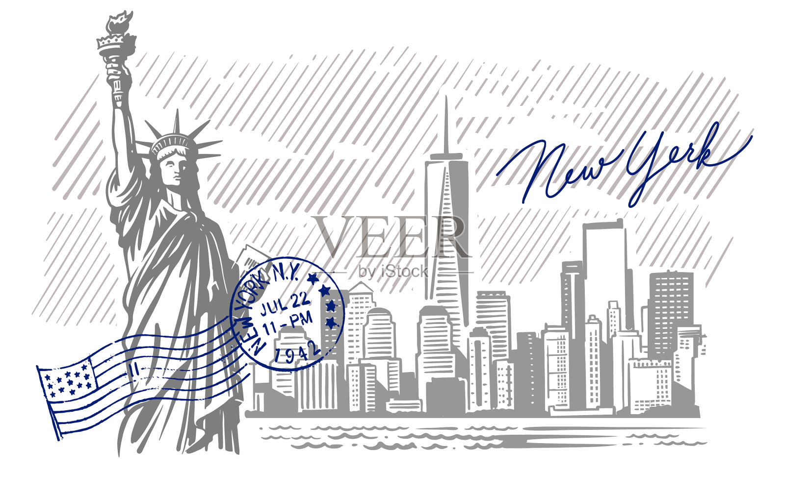 有自由女神像勾画的纽约天际线插画图片素材