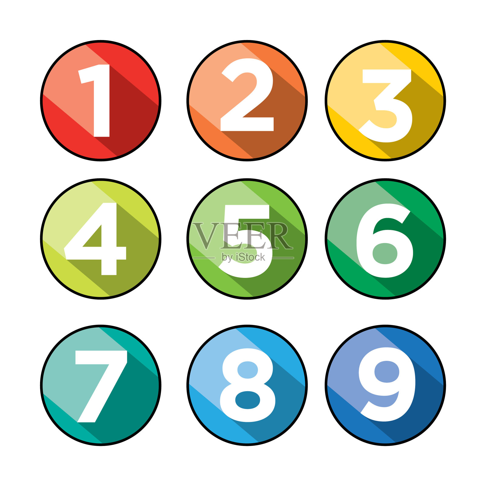 彩色圆圈中的矢量白色数字集。插画图片素材