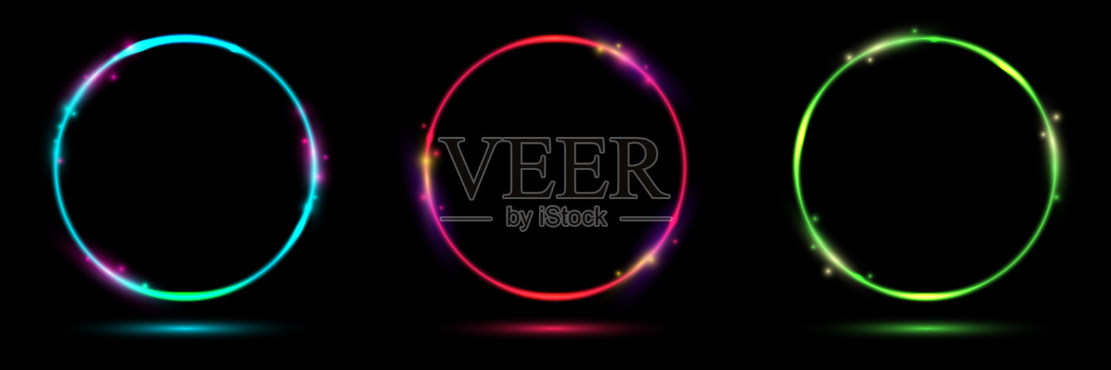 一套发光的霓虹灯颜色圈圆形曲线形状与照明效果隔离在黑色背景技术概念插画图片素材