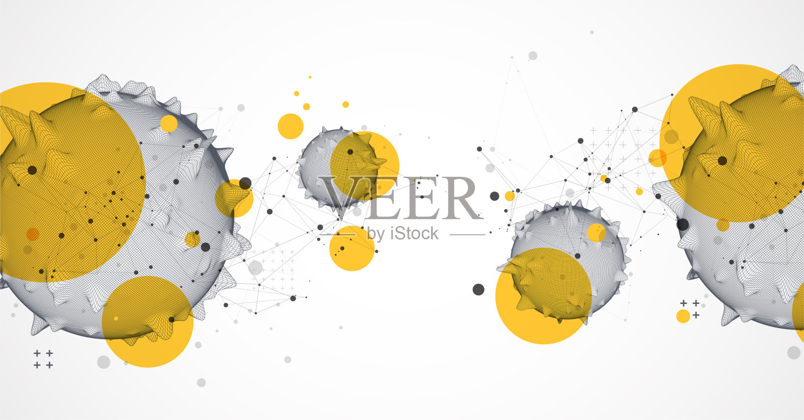 球体主题与技术风格的背景线相连。线框图说明。抽象三维网格设计。插画图片素材