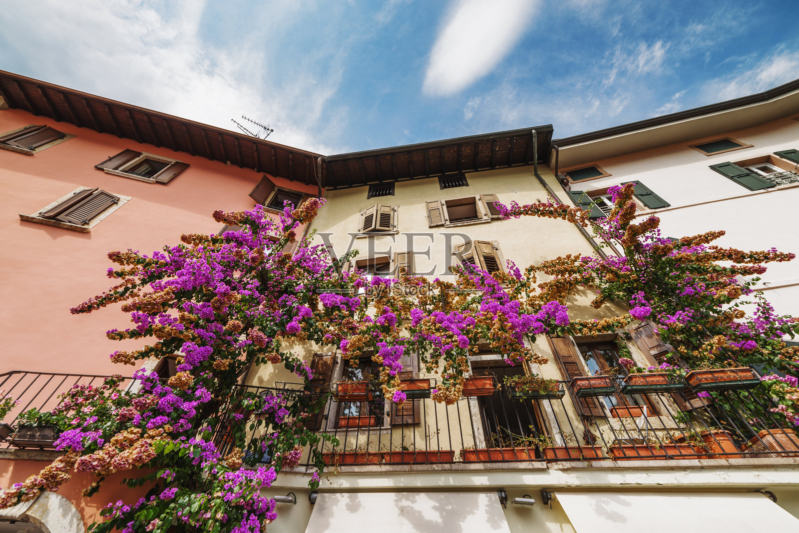 可爱的房屋立面和阳台与三角梅花在Limone sul Garda，意大利照片摄影图片