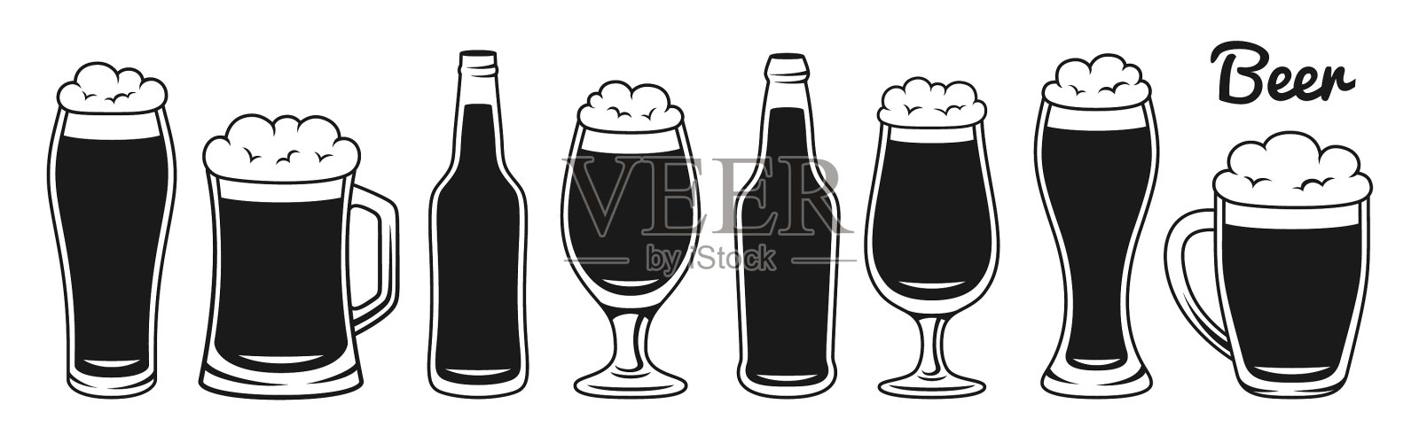 啤酒瓶玻璃马克杯复古涂鸦单色套装图标素材