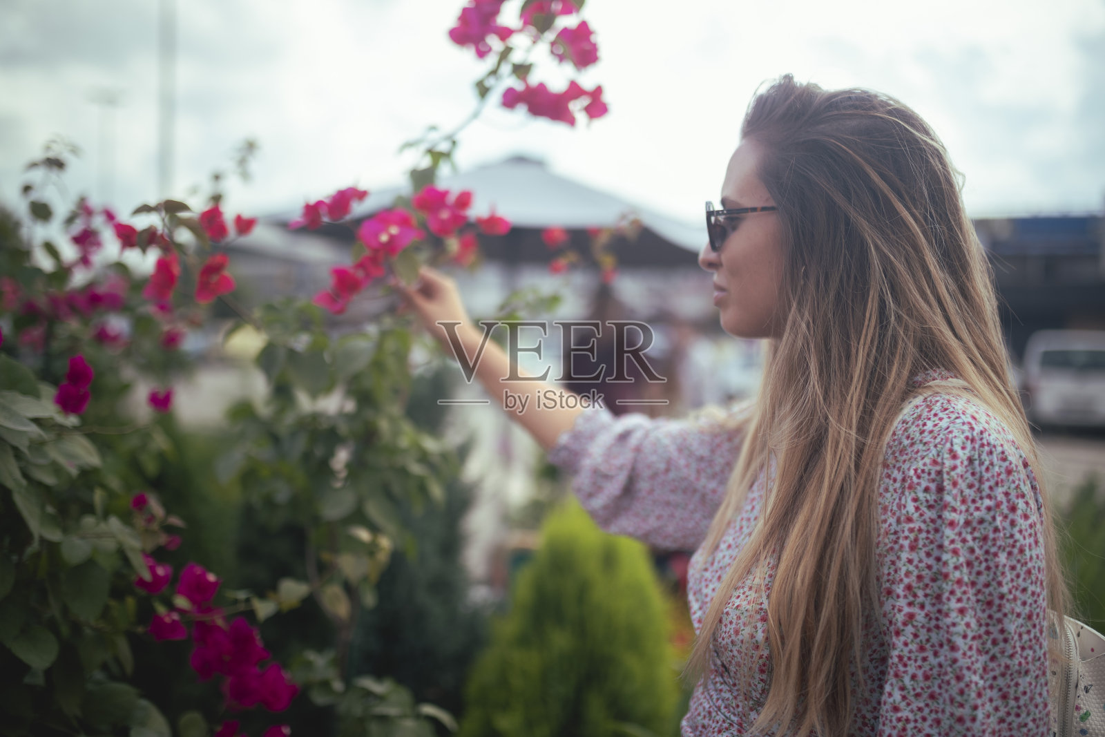 一位妇女在市场上看花照片摄影图片