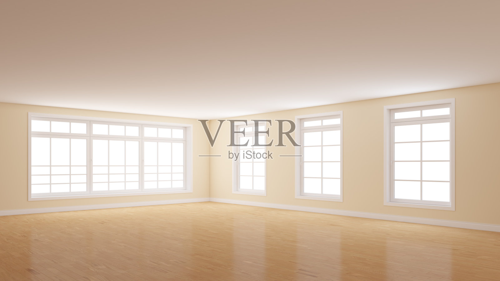 室内的空角落，浅米色墙壁，四扇窗户，轻拼花照片摄影图片