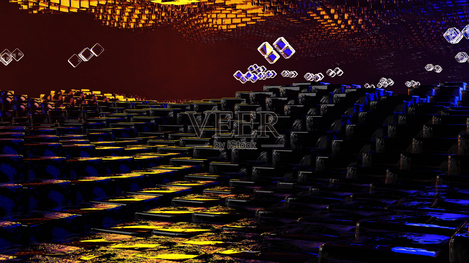 3 d渲染。高质量的渲染。科幻背景。由黑色玻璃方块形成的波。带有黄色和蓝色灯的玻璃立方体。未来的抽象背景与霓虹灯。照片摄影图片