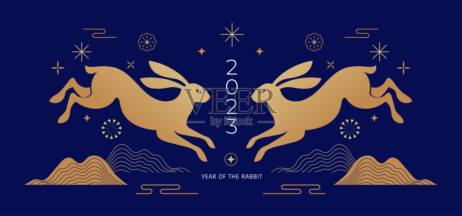 2023年中国新年兔年-中国十二生肖的象征，农历新年的概念，蓝色和金色的现代背景设计插画图片素材