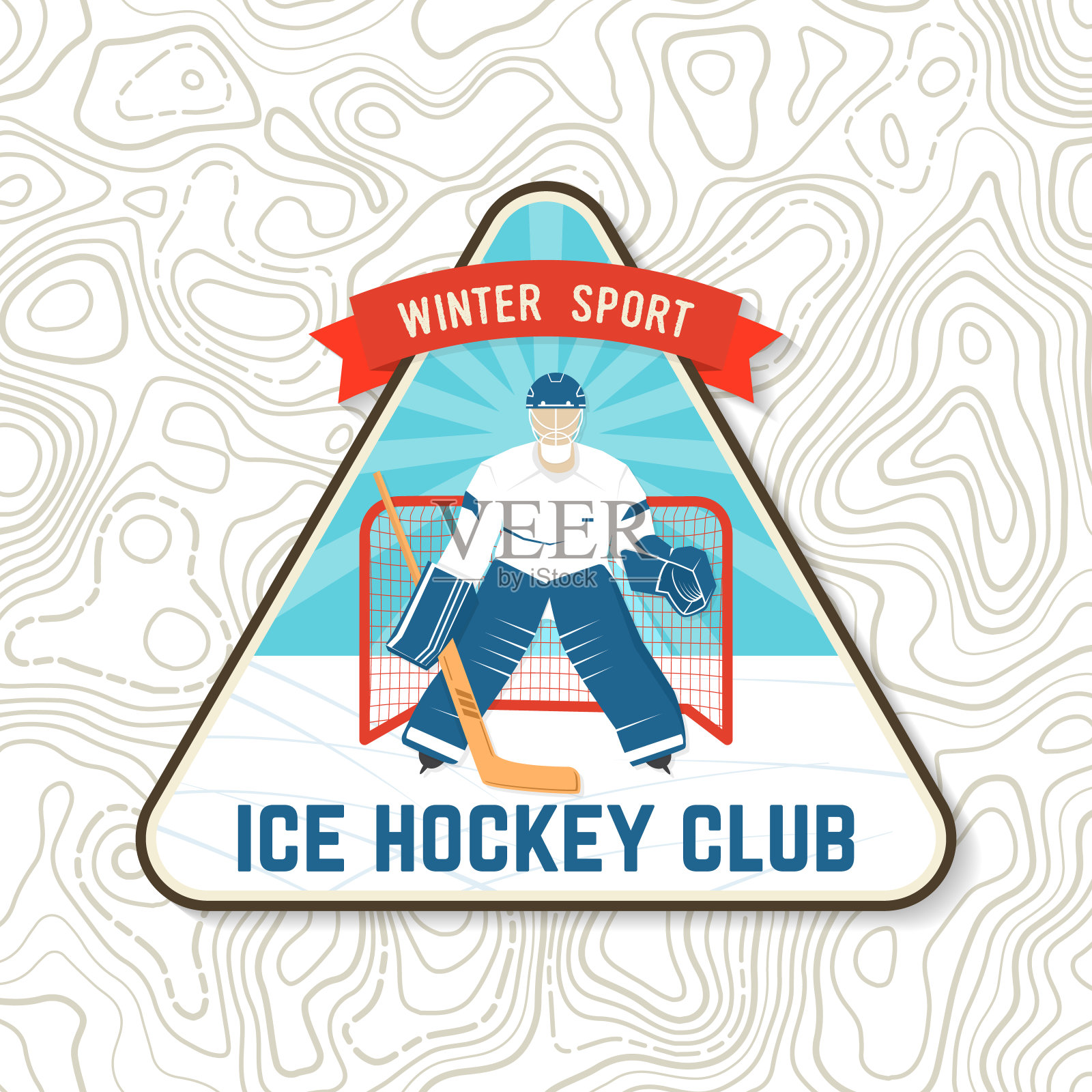 曲棍球俱乐部会徽，徽章绣补丁。概念衬衫或徽章，印刷，邮票或t恤。冬季运动。矢量插图。曲棍球守门员，守门员保护大门。插画图片素材