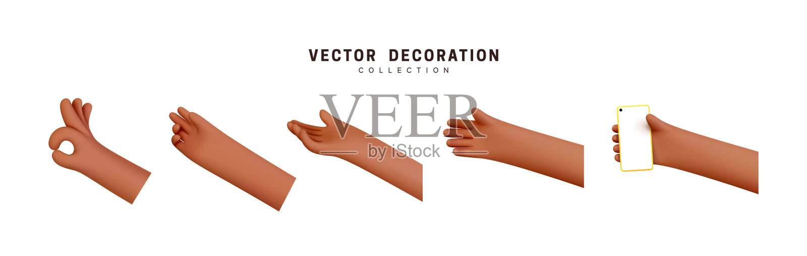 手套逼真的3d设计卡通风格。手显示不同的手势符号。矢量图插画图片素材