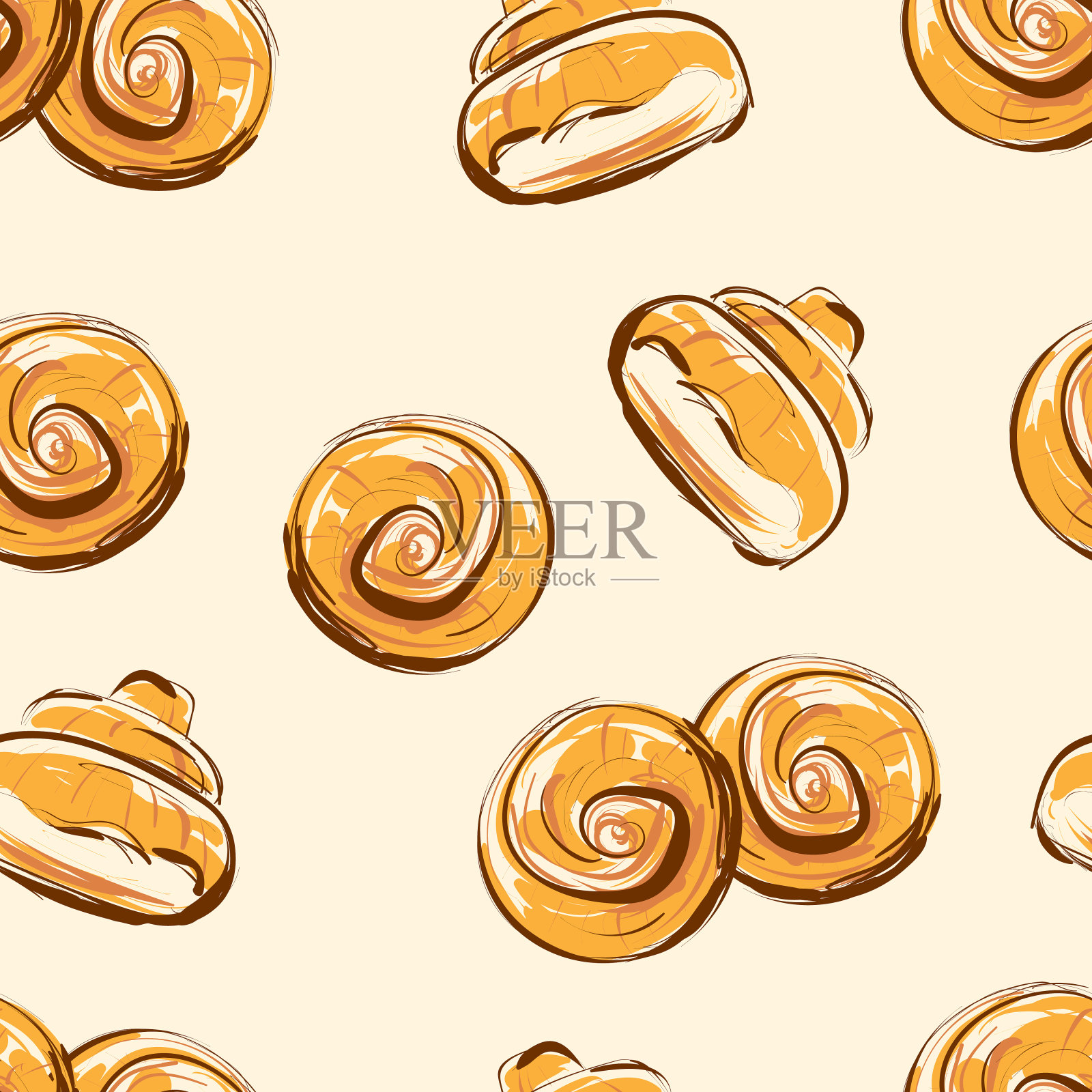 新鲜自制肉桂面包或糖面包。手绘。无缝的背景插画图片素材