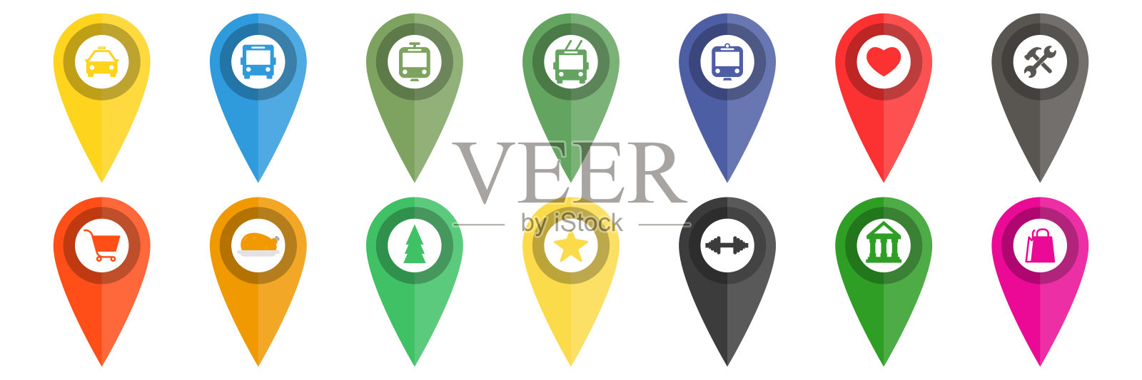 一大组彩色指针，每个指针显示不同的矢量信息图插画图片素材