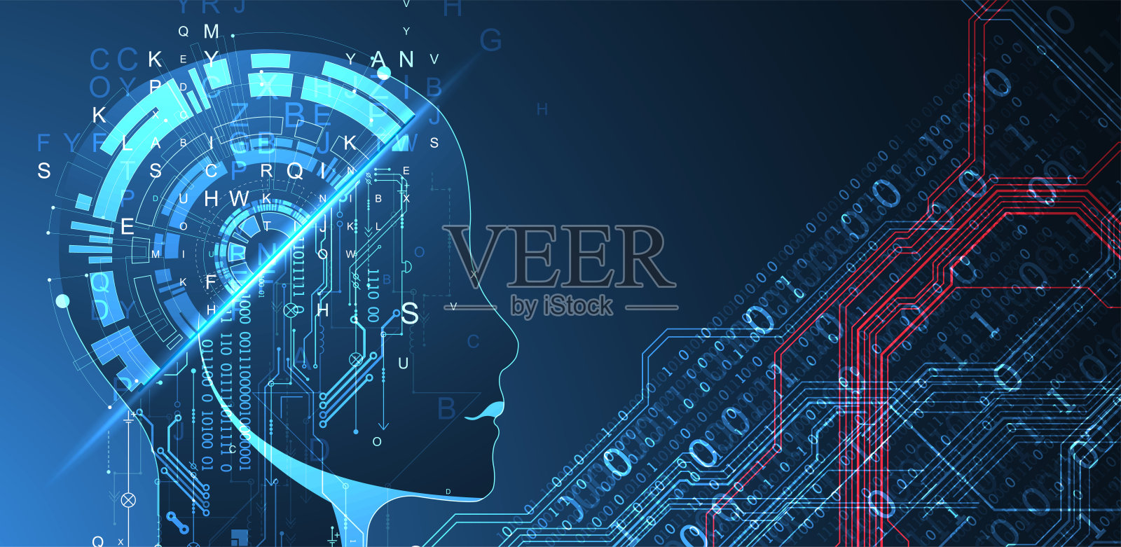 人工智能。有技术背景，有个男人的剪影。大数据的概念。机网络的想法。插画图片素材