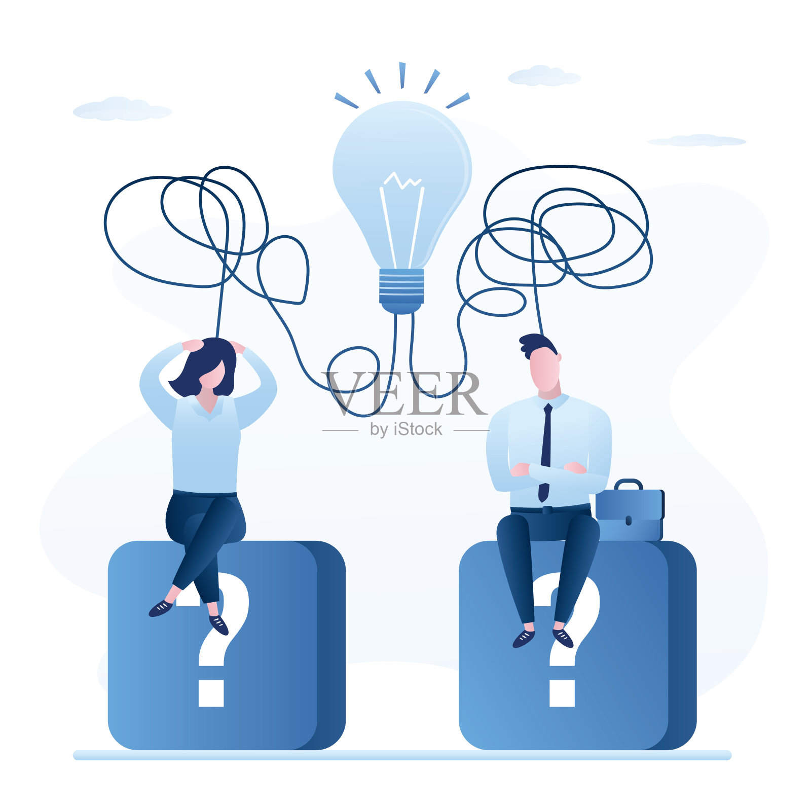 团队合作、概念的横幅。同事寻找新点子，业务人员团队头脑风暴。解决业务问题。混乱的思想。大灯泡。克服障碍。插画图片素材