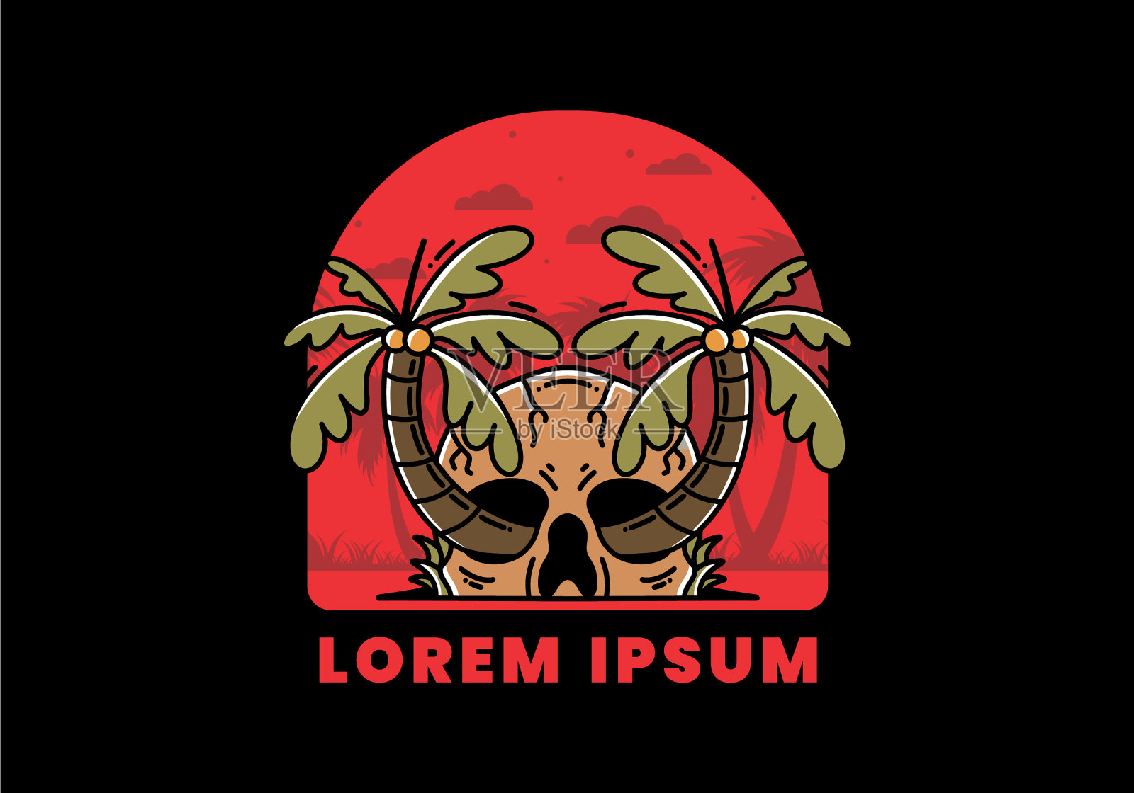 两棵椰子树长在一个头骨上插画图片素材