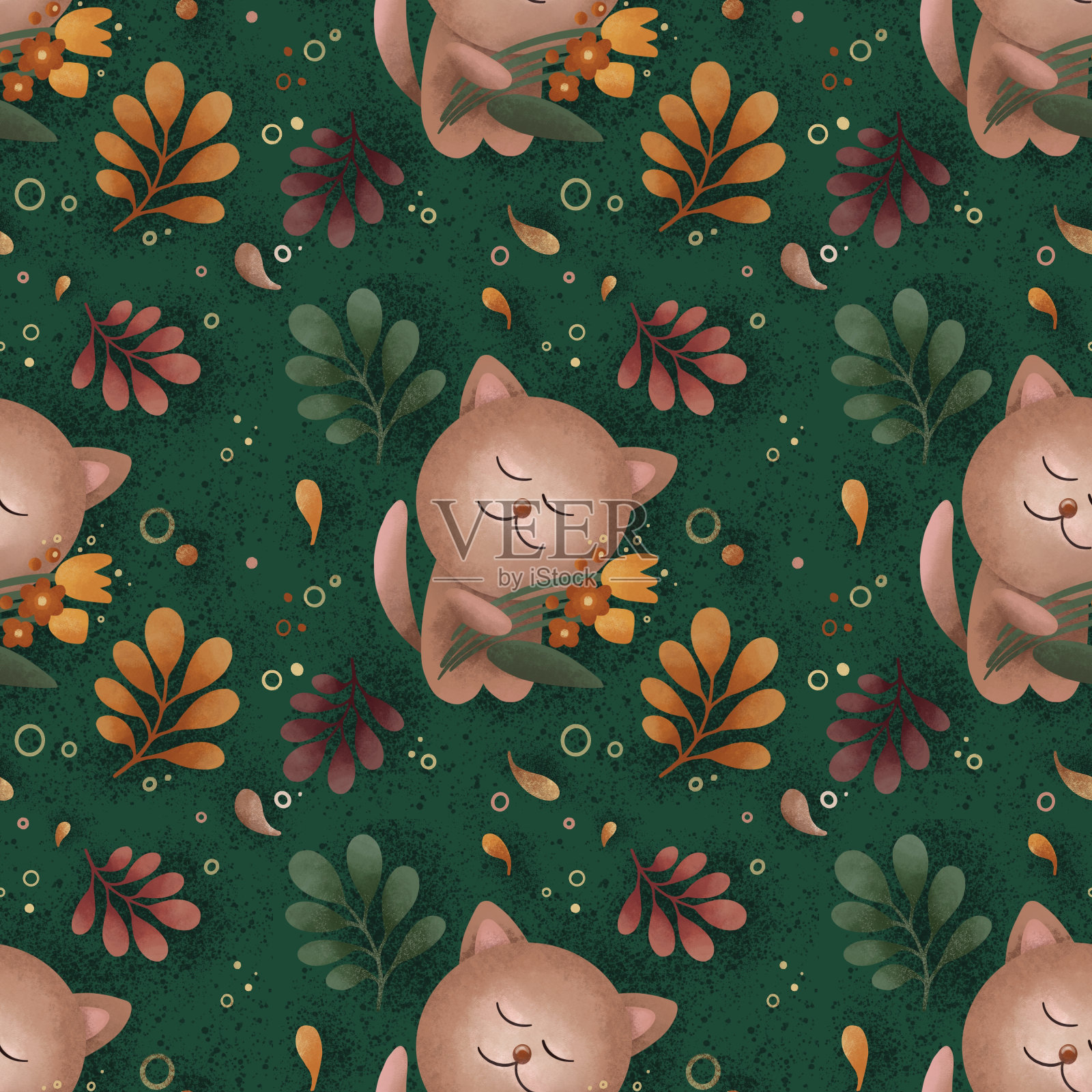 无缝的背景与猫，花，叶子在深绿色的背景。秋天植物插图。面料和装饰的自然设计插画图片素材