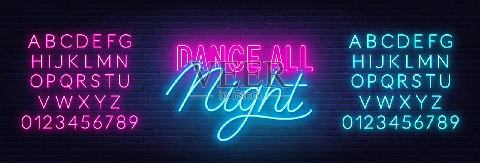 整晚跳舞，砖墙上的霓虹灯招牌插画图片素材