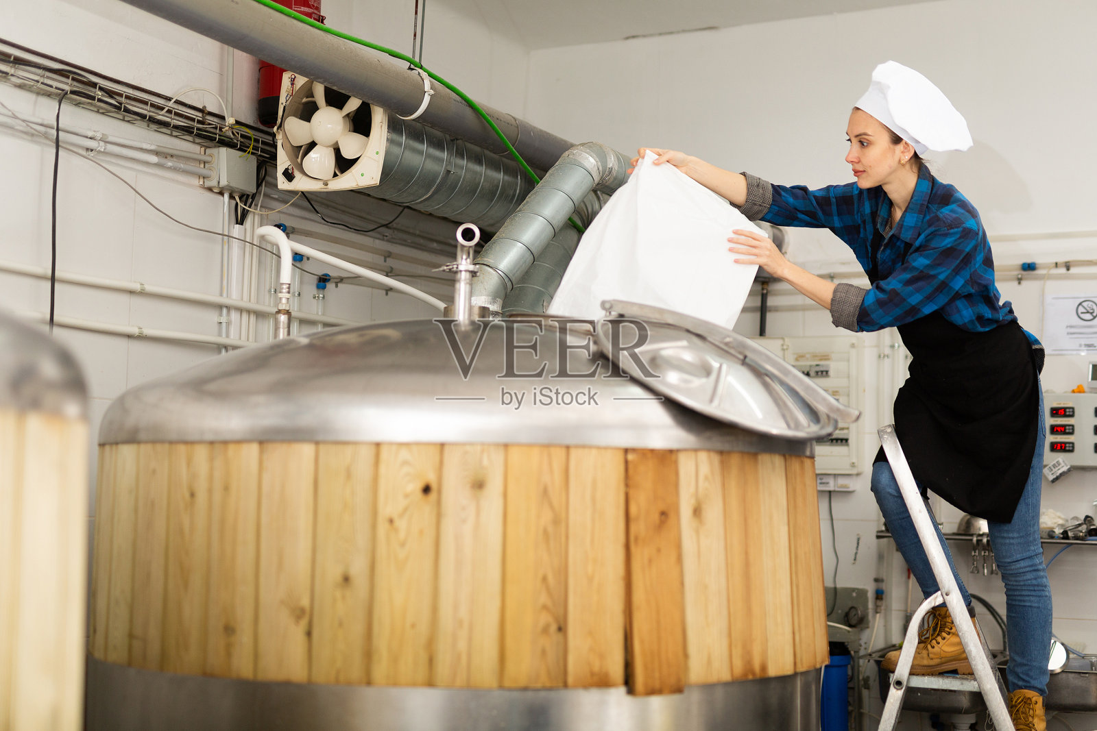 啤酒厂女酿酒师将麦芽从袋中倒入发酵罐照片摄影图片