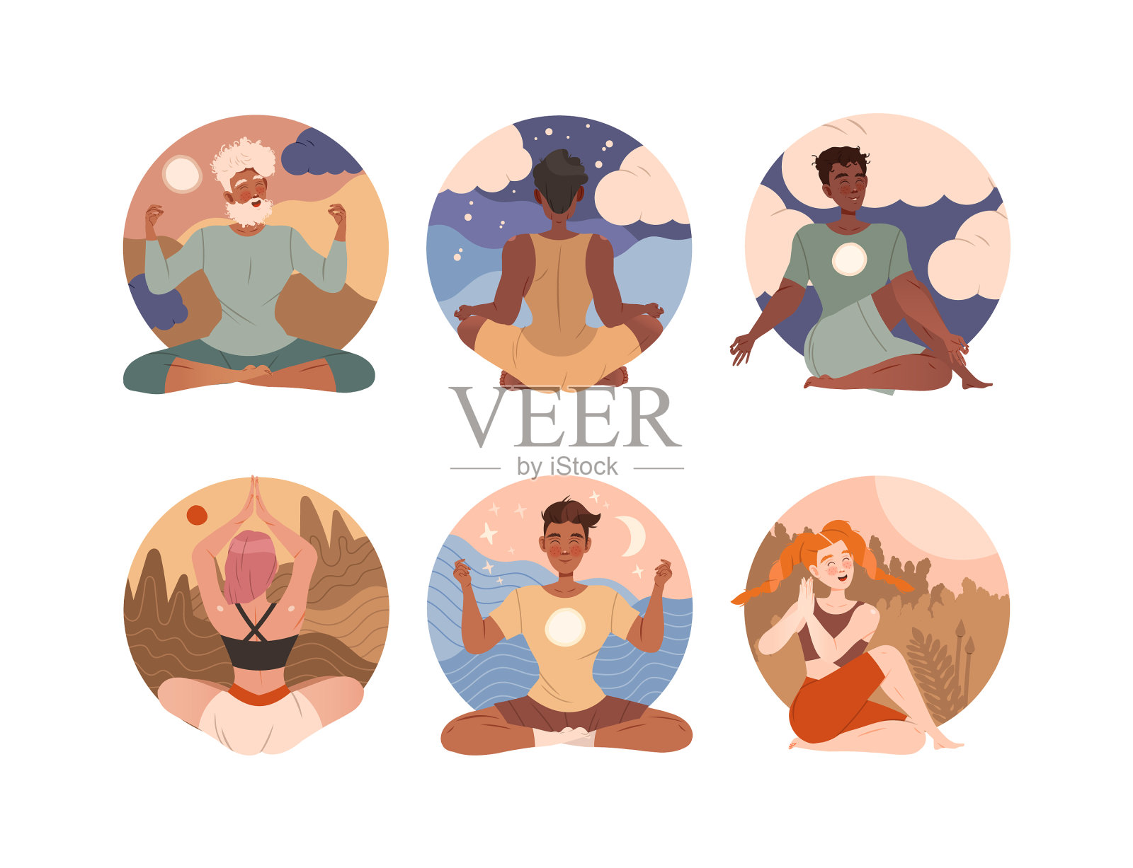 各种安静的男人和女人盘腿插画图片素材