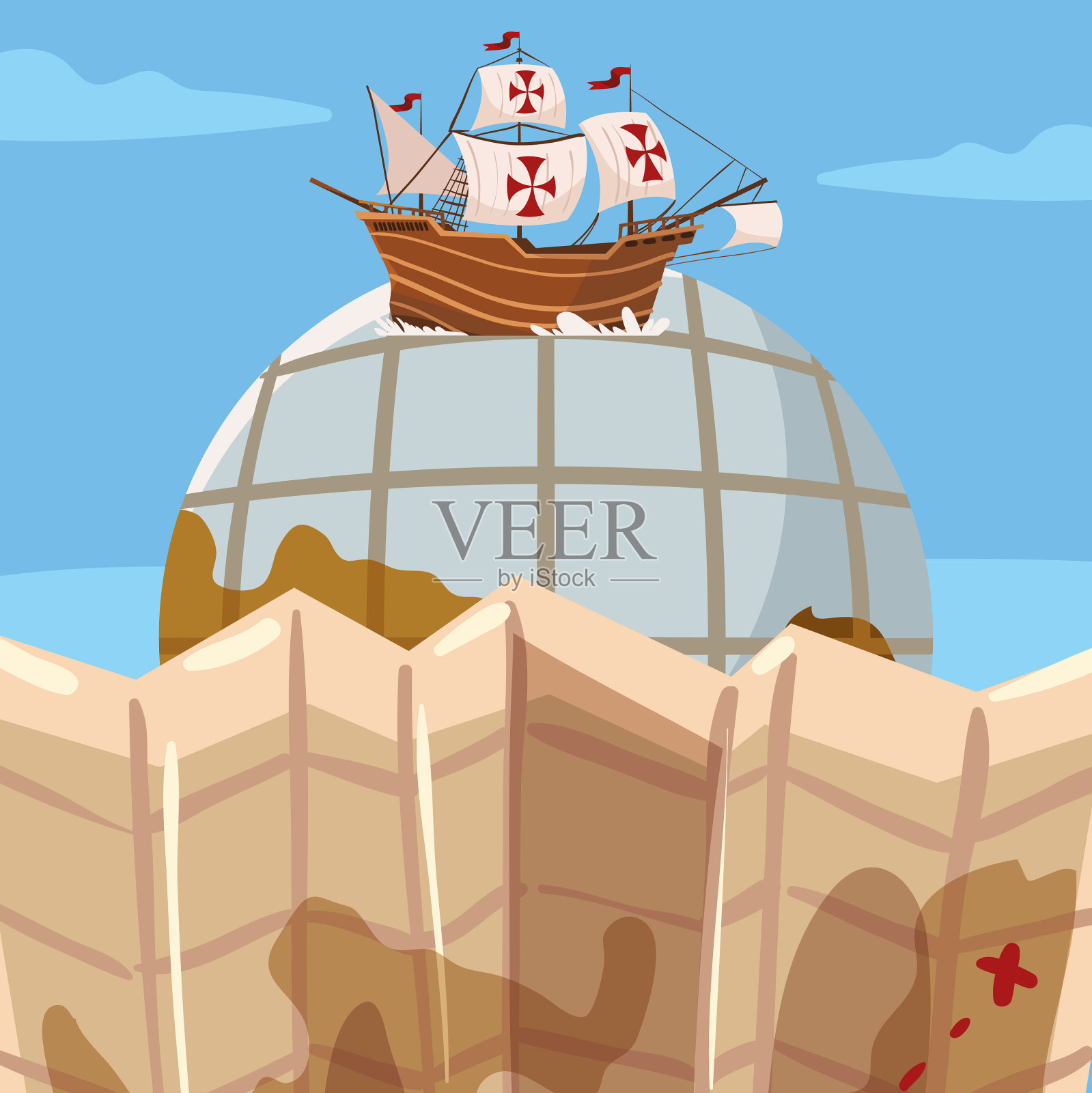 哥伦布日船环游世界插画图片素材